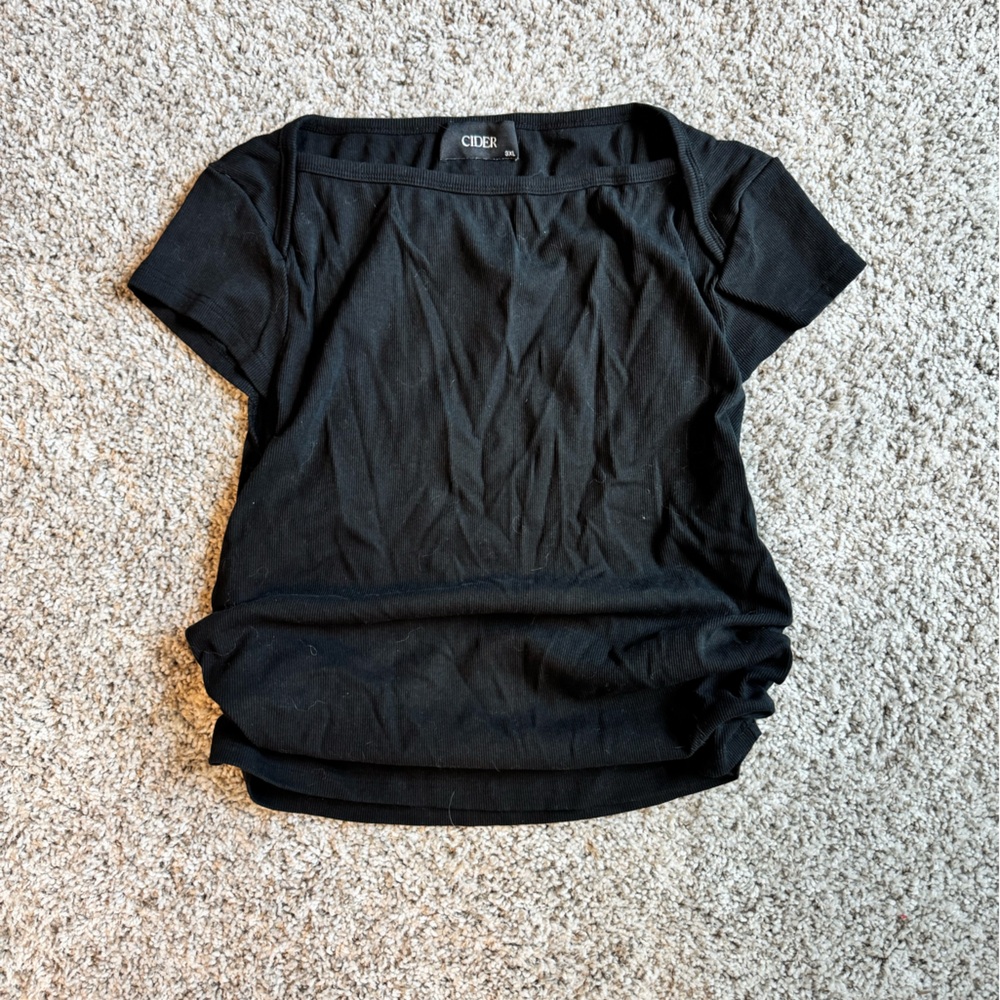Cider Black Ribbed Ruched Wide Neck Tee